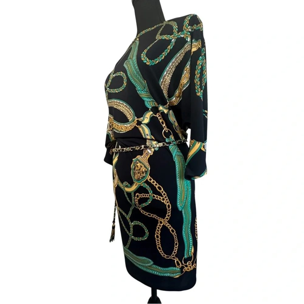 ✨Y2K Cache Dress with Green and Gold Chain Print Size M - Picture 12 of 13